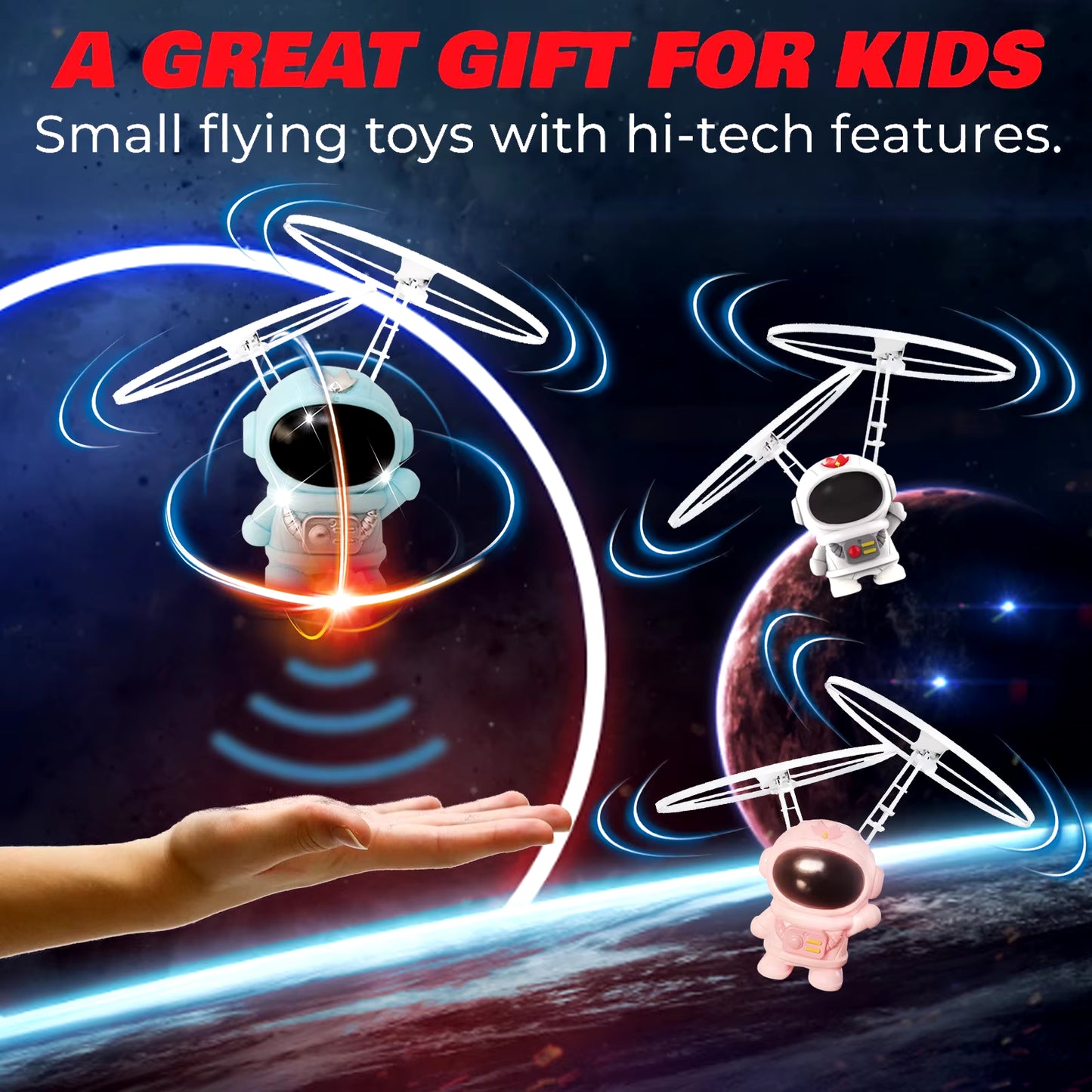 "Astronaut Hand Controlled Flying Toy Drone with LED Lights – Mini Fly Spinner for Kids – Perfect Gift"