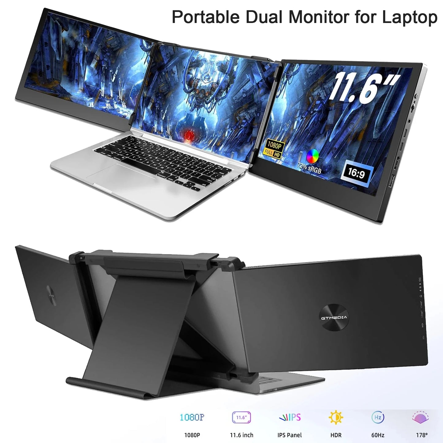 Gtmedia Portable Triple Monitor | Detachable HDR IPS Dual Extender for Laptops