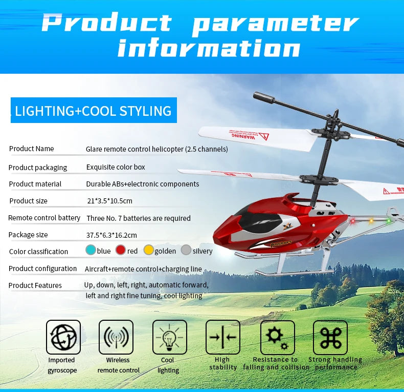 Rc Helicopter 3.5CH Remote Control Airplane Mini Drone Aircraft Fall Resistant Outdoor LED Light Flight Toys for Kids Adults