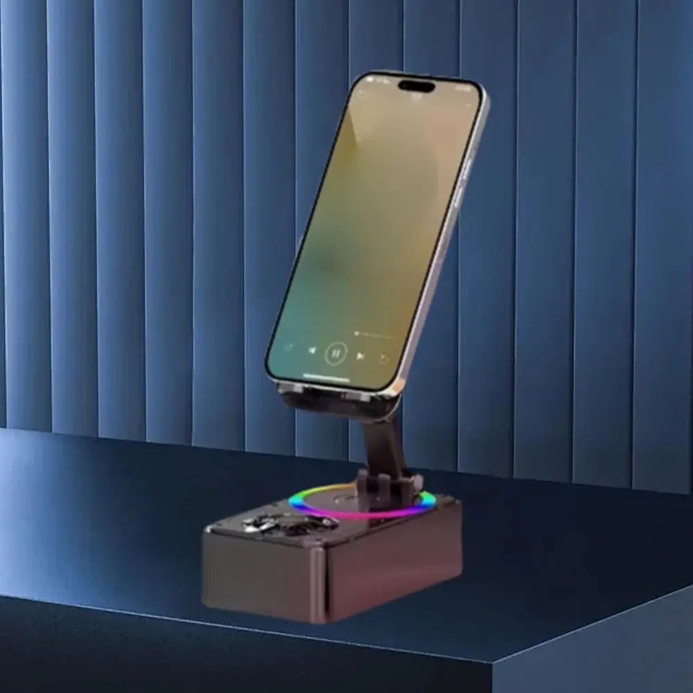 "4-in-1 Phone Holder with RGB Light, Bluetooth Speaker, and Power Bank - Multifunctional Stand"