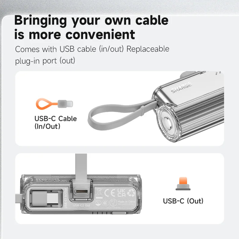 SHARGE Flow mini Power Bank Built-in replaceable USB-C Lightning connector 5000mAh Portable Charger for iPhone 15 Pro Samsung
