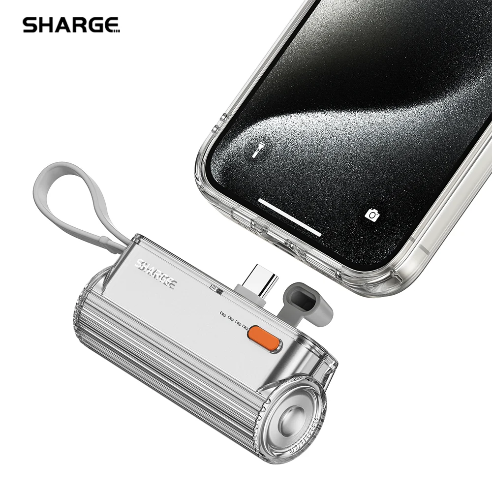 SHARGE Flow mini Power Bank Built-in replaceable USB-C Lightning connector 5000mAh Portable Charger for iPhone 15 Pro Samsung