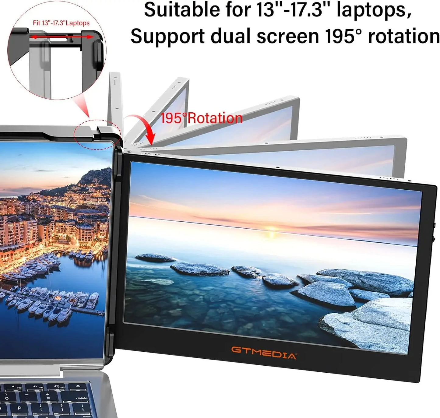 Gtmedia Portable Triple Monitor | Detachable HDR IPS Dual Extender for Laptops