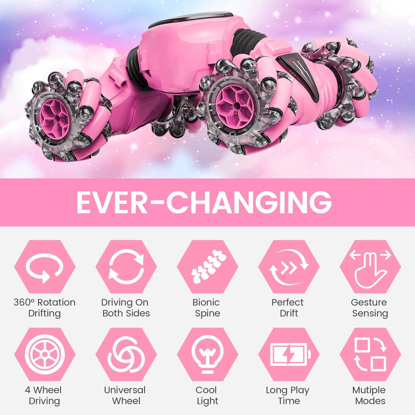 Pink 360° RC Stunt Car – Double-Sided Remote Control, 4WD, Gesture Sensing Toy