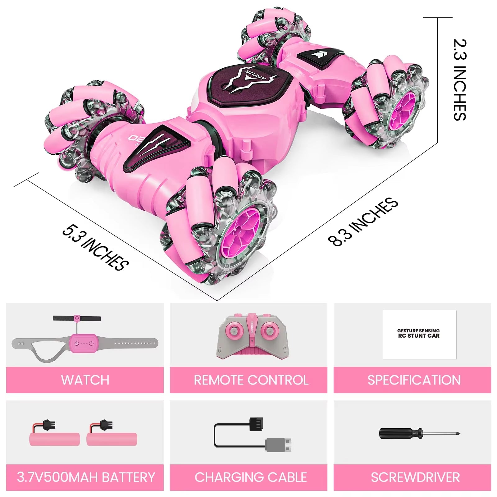 Pink 360° RC Stunt Car – Double-Sided Remote Control, 4WD, Gesture Sensing Toy